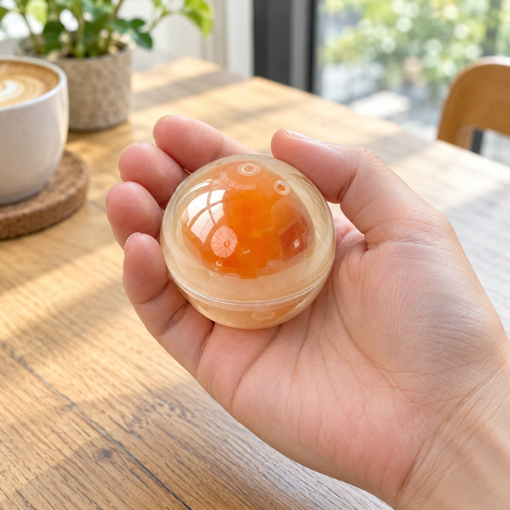 Egg Yolk Coconut Oil Squishy Ball, held in a hand to show the real size