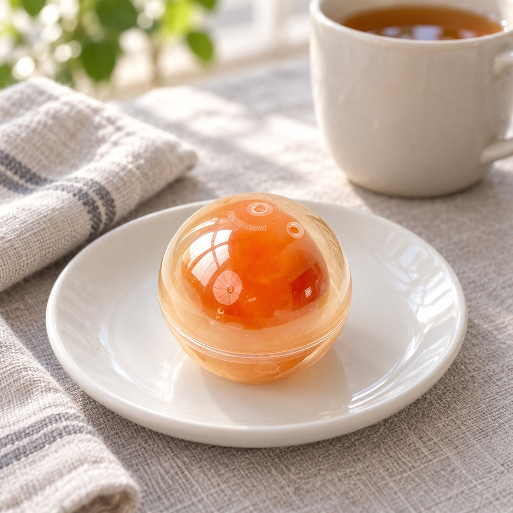 Egg Yolk Coconut Oil Squishy Ball, on a plate on a breakfast table