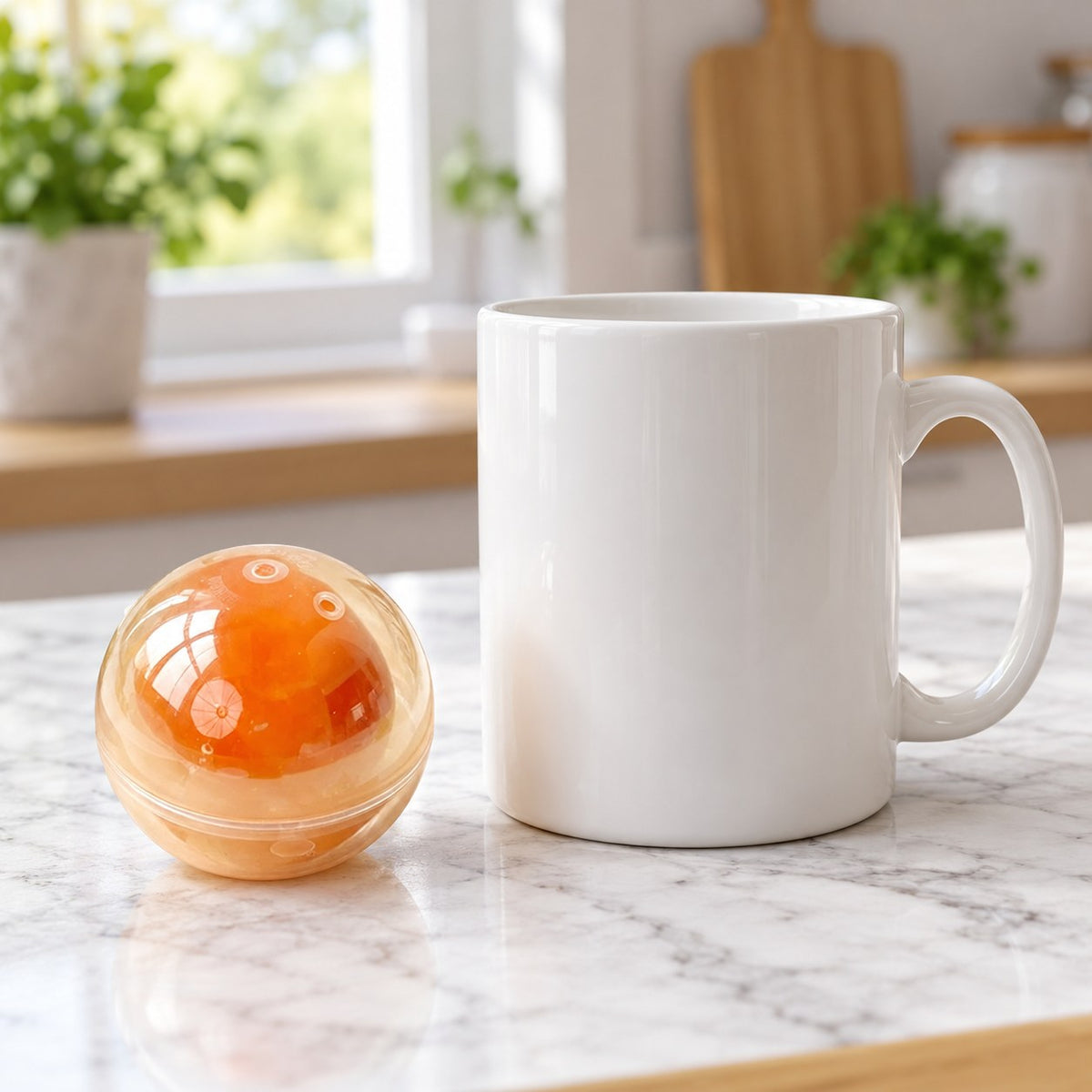 Egg Yolk Coconut Oil Squishy Ball, next to a coffee mug for size comparison