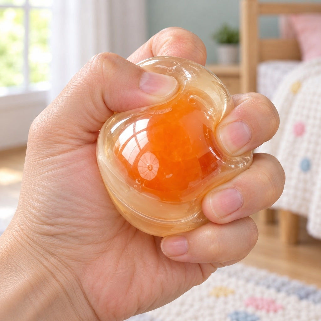 Egg Yolk Coconut Oil Squishy Ball, being squeezed by hand, soft and squishy