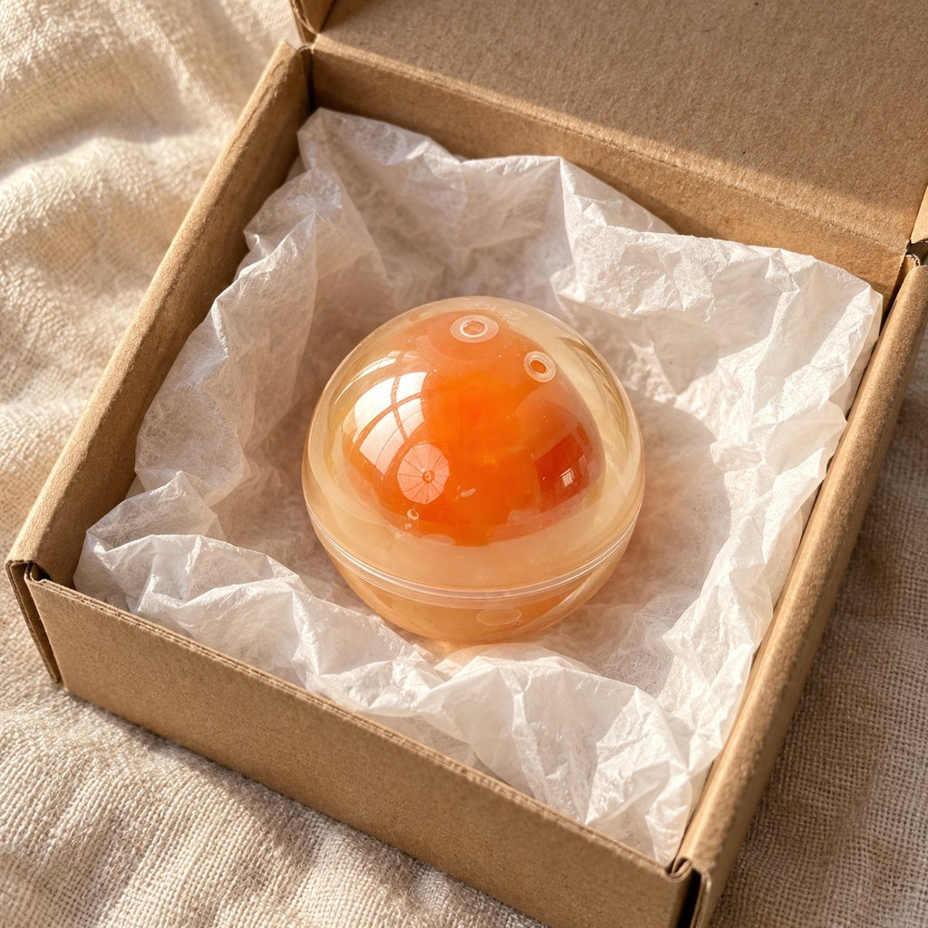 Egg yolk squishy, unboxed from a parcel with tissue paper