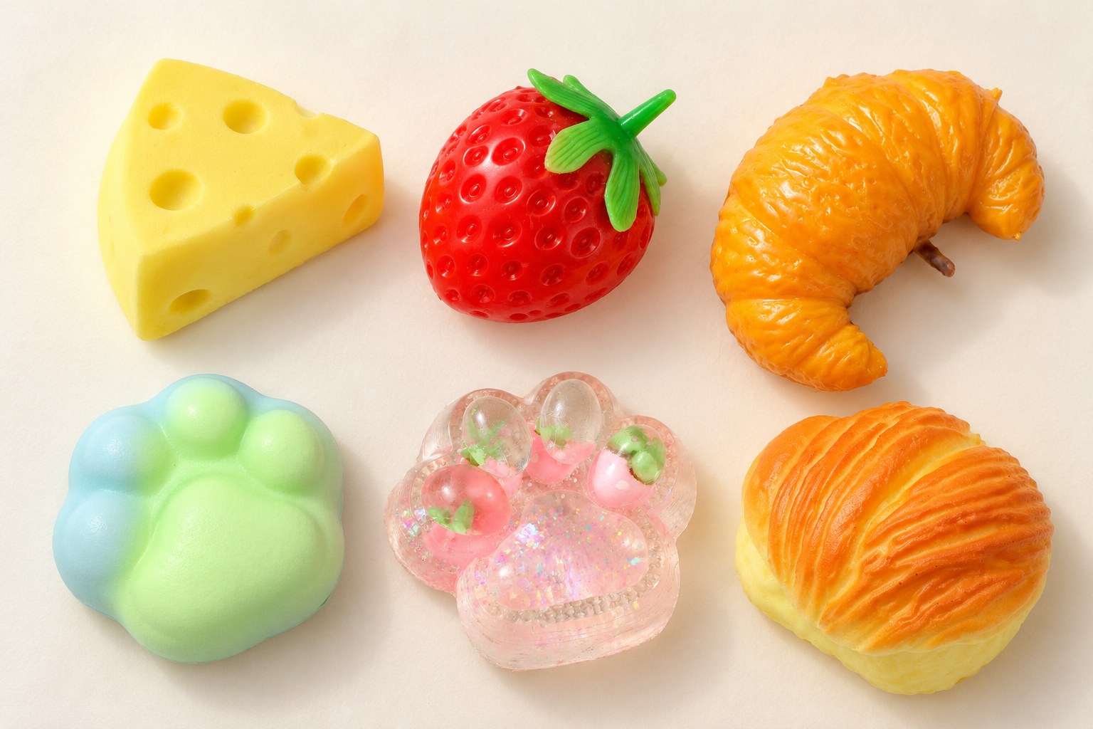 Zes favoriete squishies van bovenaf op crème: kaaspunt, aardbei, croissant, crunchy kattenpootje, glitter kattenpootje en bladerdeeggebakje