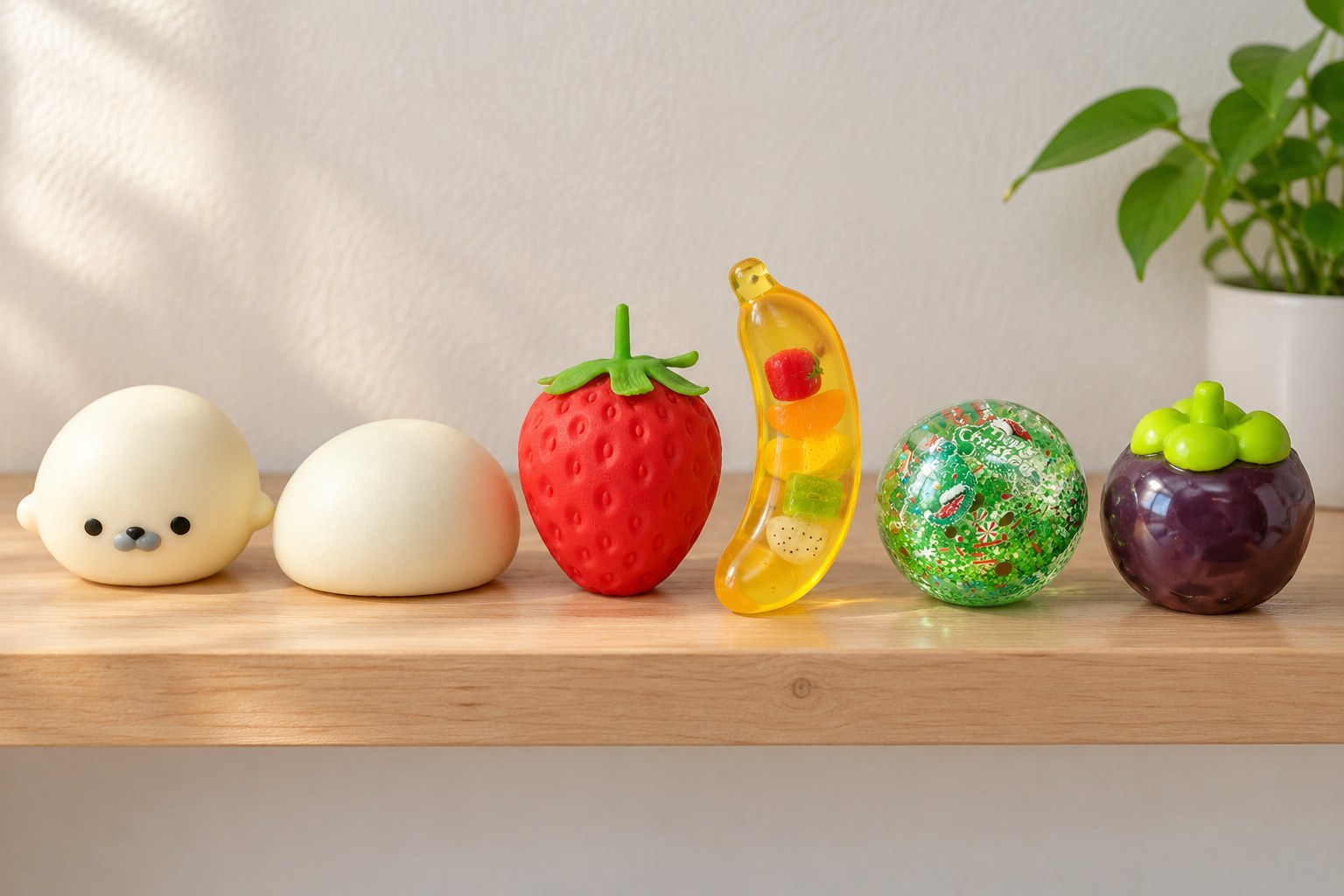 Favorite squishy line-up on a wooden shelf: seal, steamed bun, giant strawberry, giant banana, Christmas ball, mangosteen