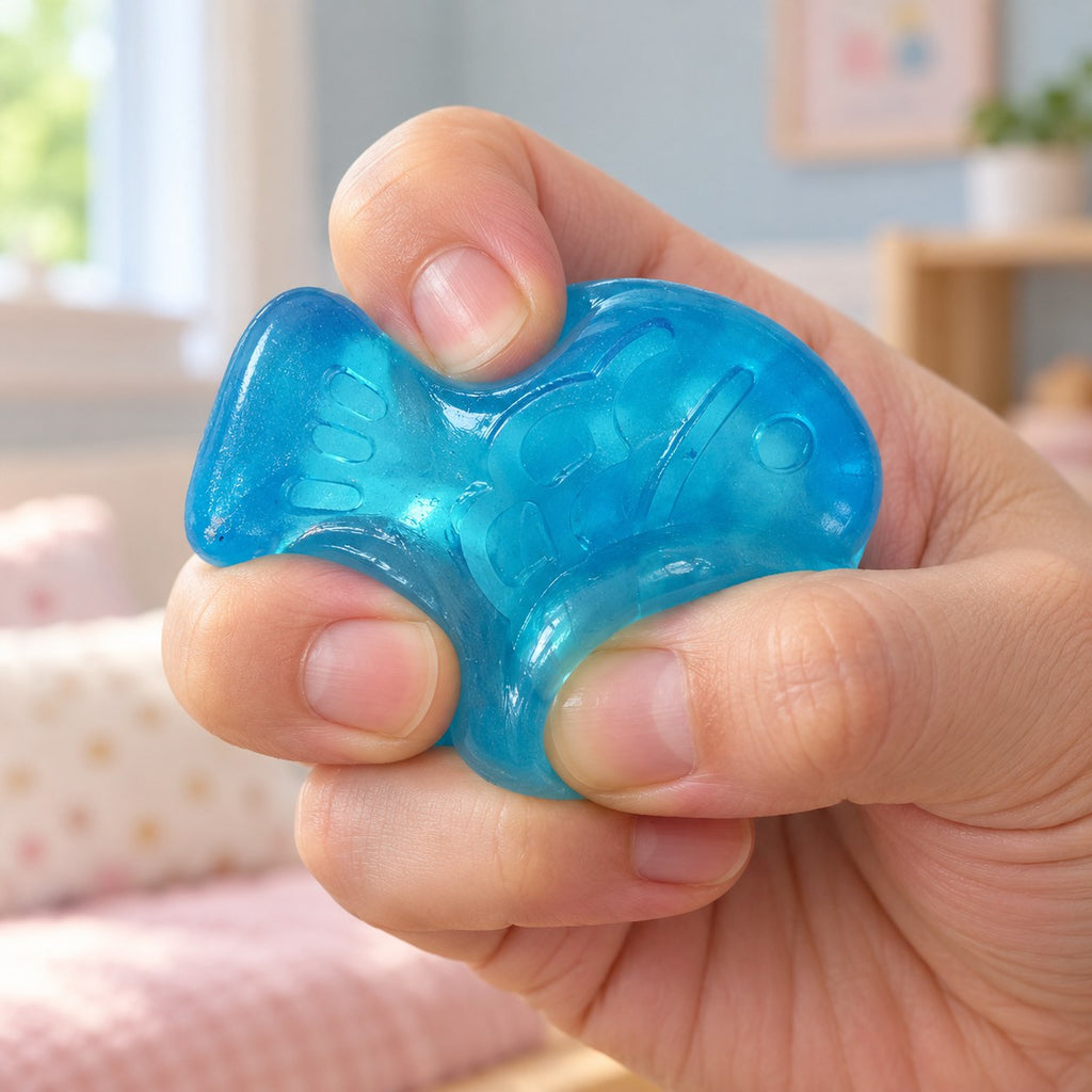 Mini Jelly Fish Squishy, 6 cm (Blue), being squeezed by hand, soft and squishy