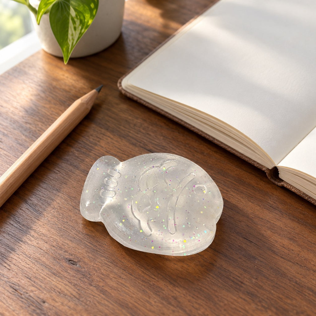 Mini Jelly Fish Squishy, 6 cm (White glitter), on a desk with a notebook and pencil