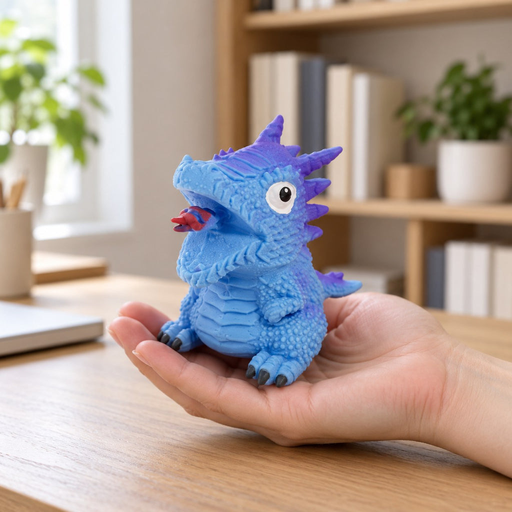 Flip dinosaur egg squishy turns inside out (Blue, dino style random), held in a hand to show the real size