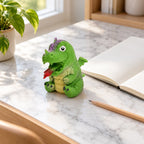 Flip dinosaur egg squishy (Green, dino style random), on a desk with a notebook and pencil