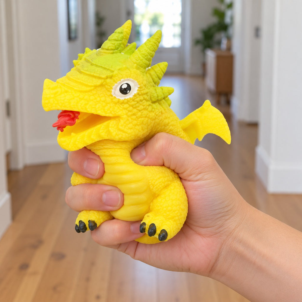 Flip dinosaur egg squishy turns inside out (Yellow, dino style random), being squeezed by hand, soft and squishy
