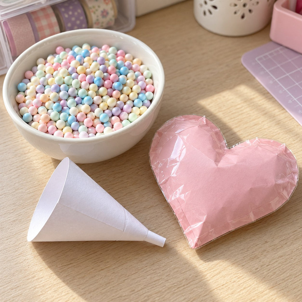 Pastel foam beads for paper squishies, a bowl of beads next to a paper squishy