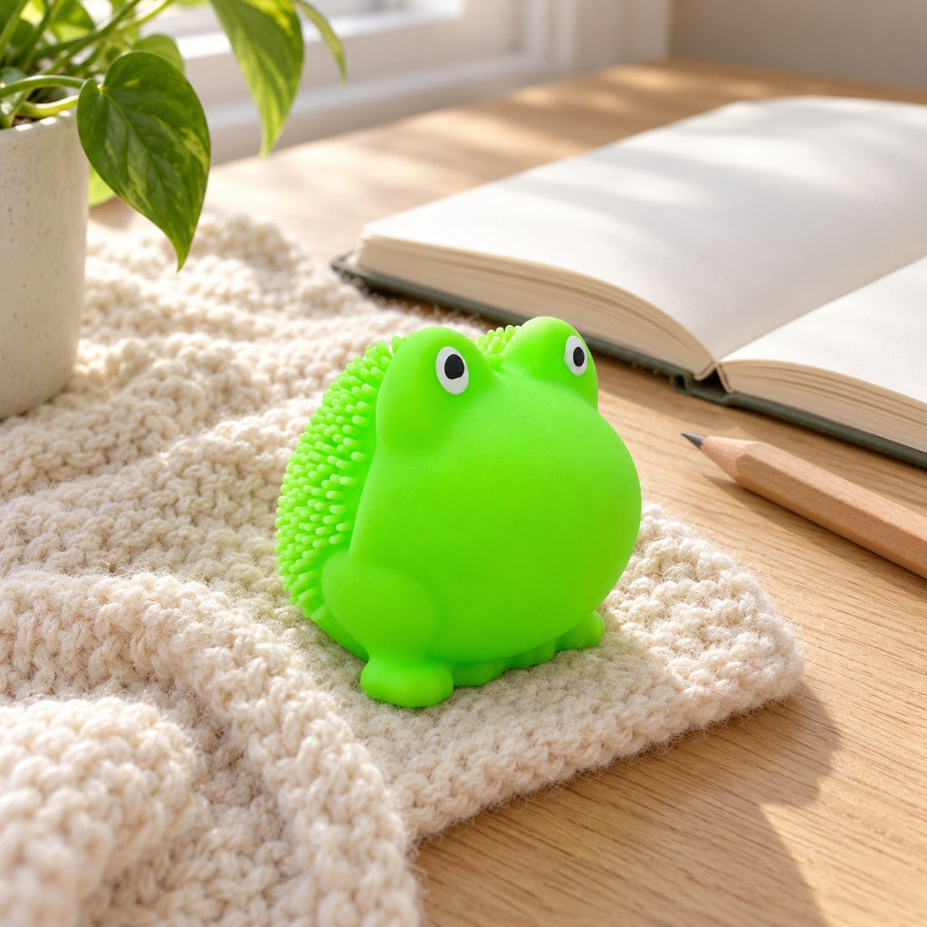 Squishy žabka s měkkými bodlinkami, TPR, 5 cm, na psacím stole se zápisníkem a tužkou