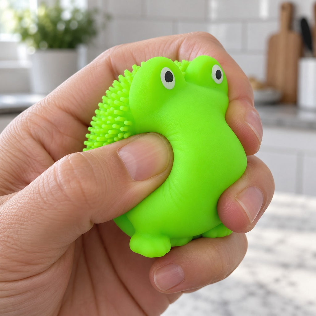 Squishy žabka s měkkými bodlinkami, TPR, 5 cm, mačkaný v ruce, měkký a příjemný