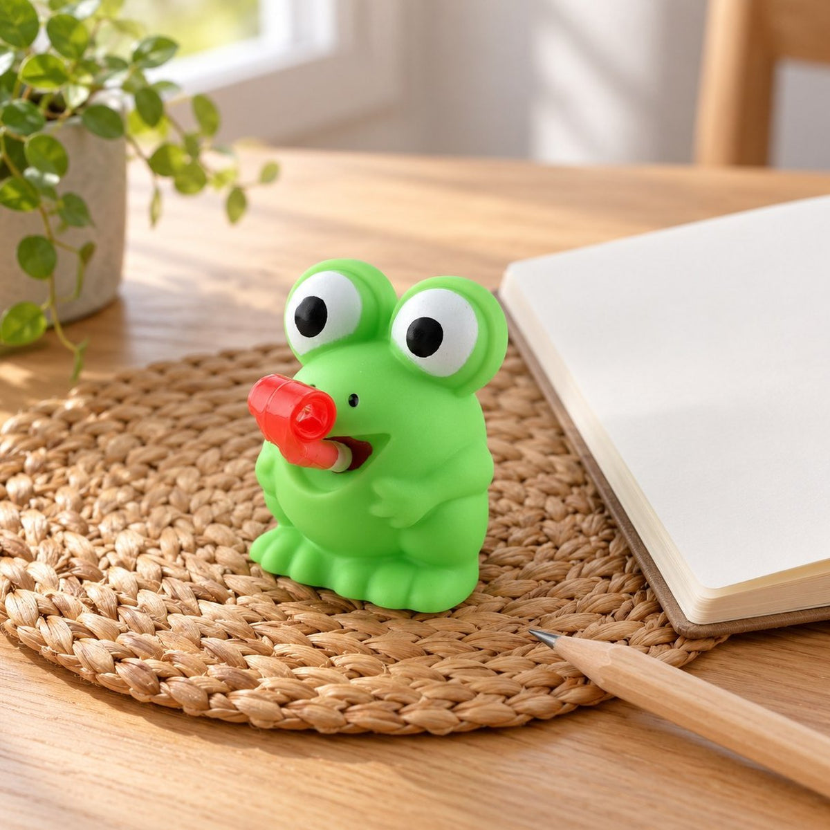 Frosch oder Dino Squishy (Frosch, Farbe zufällig) auf dem Schreibtisch neben Notizbuch und Bleistift