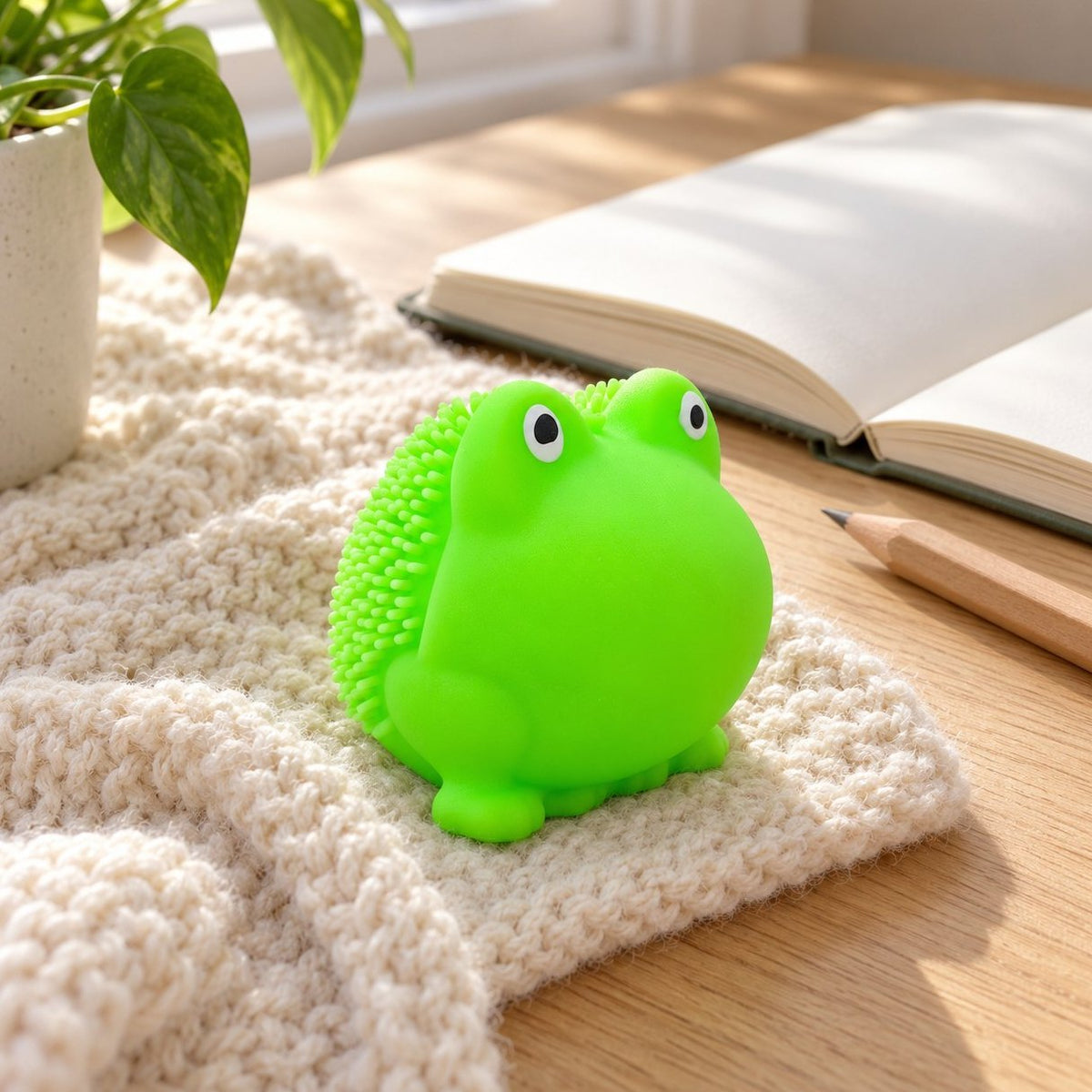 Auf dem Schreibtisch: Frosch Squishy mit Notizbuch und Bleistift