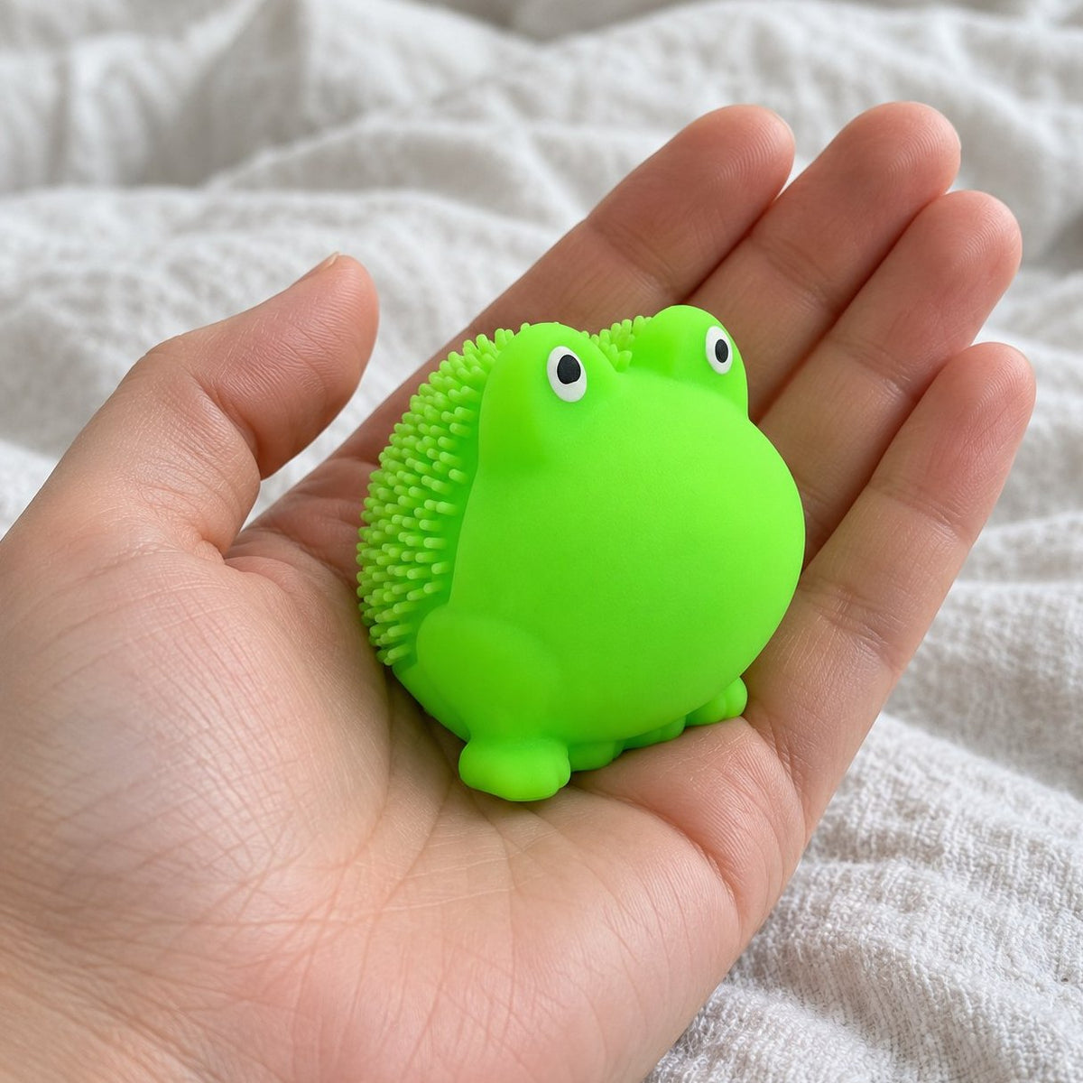 POV: Frosch Squishy mit weichen Stacheln wird in die Kamera gehalten
