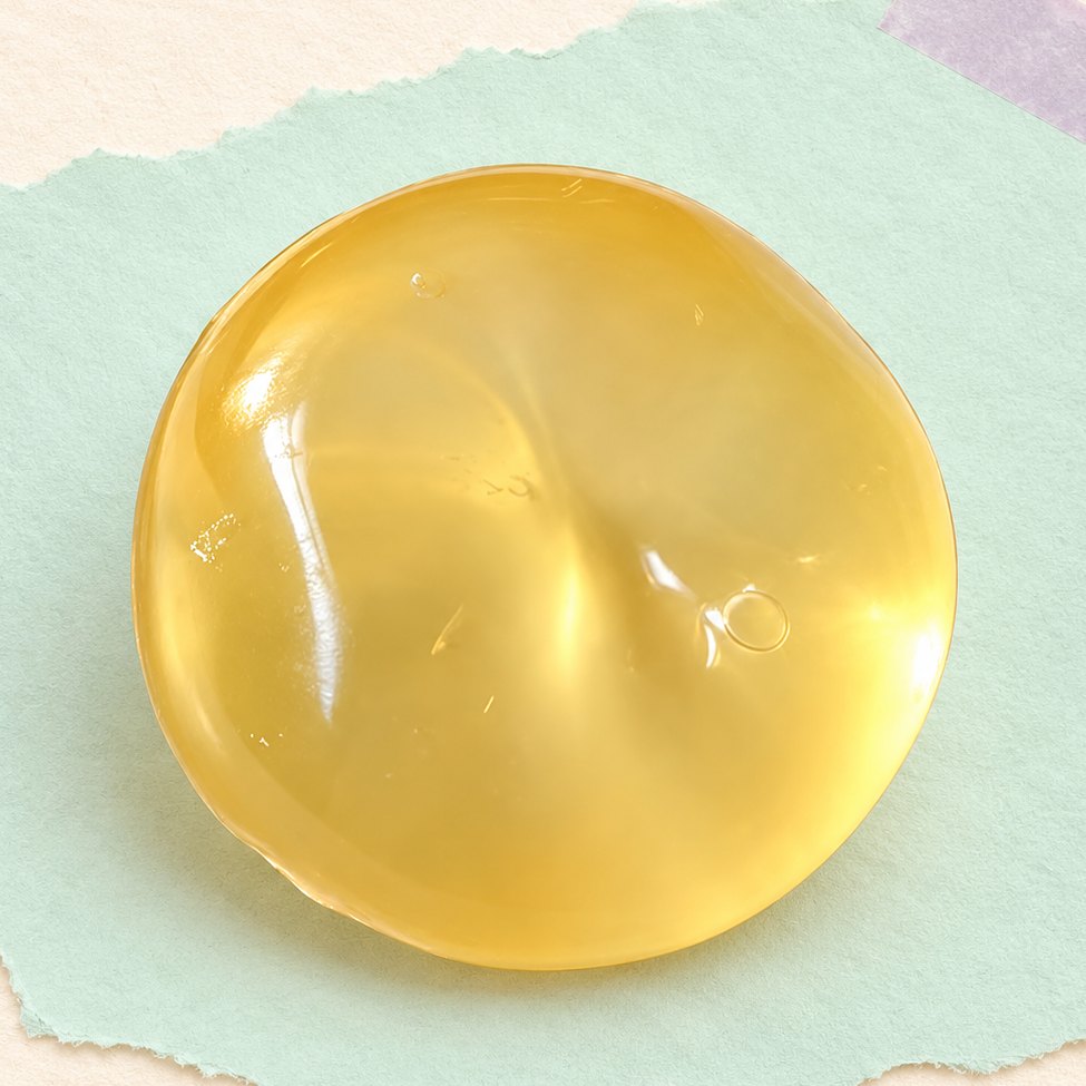 Gul frugt-squishy med kokosolie på 6 cm, produktfoto på pastelfarvet papir