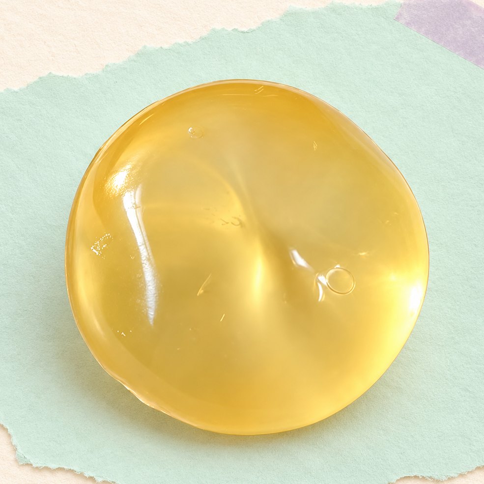 Gele fruit squishy met kokosolie, 6 cm, op pastelkleurig papier