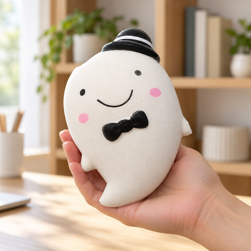 Slow Rising Ghost Squishy, 14.5 cm (white), held in a hand to show the real size