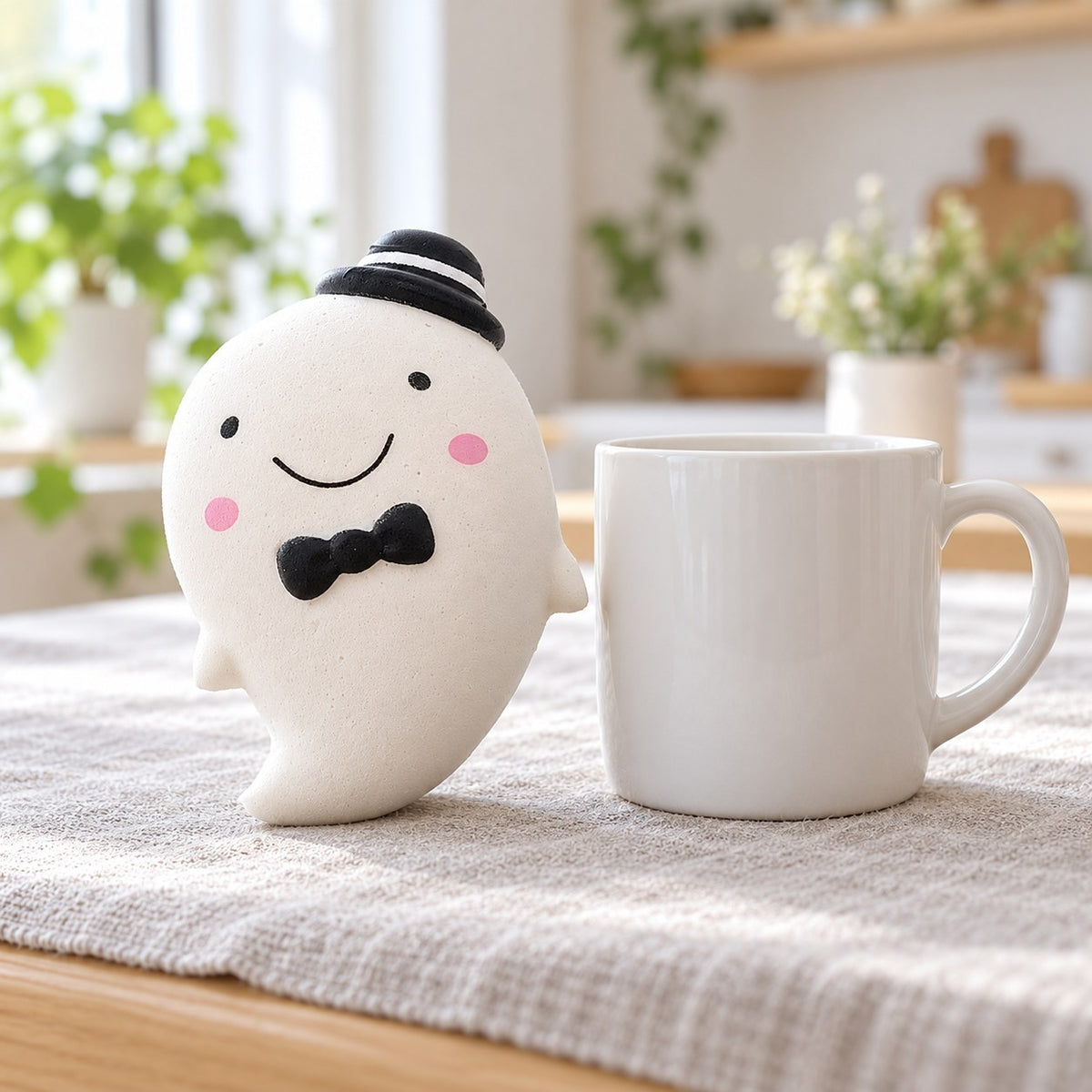 Slow Rising Ghost Squishy, 14.5 cm (white), next to a coffee mug for size comparison