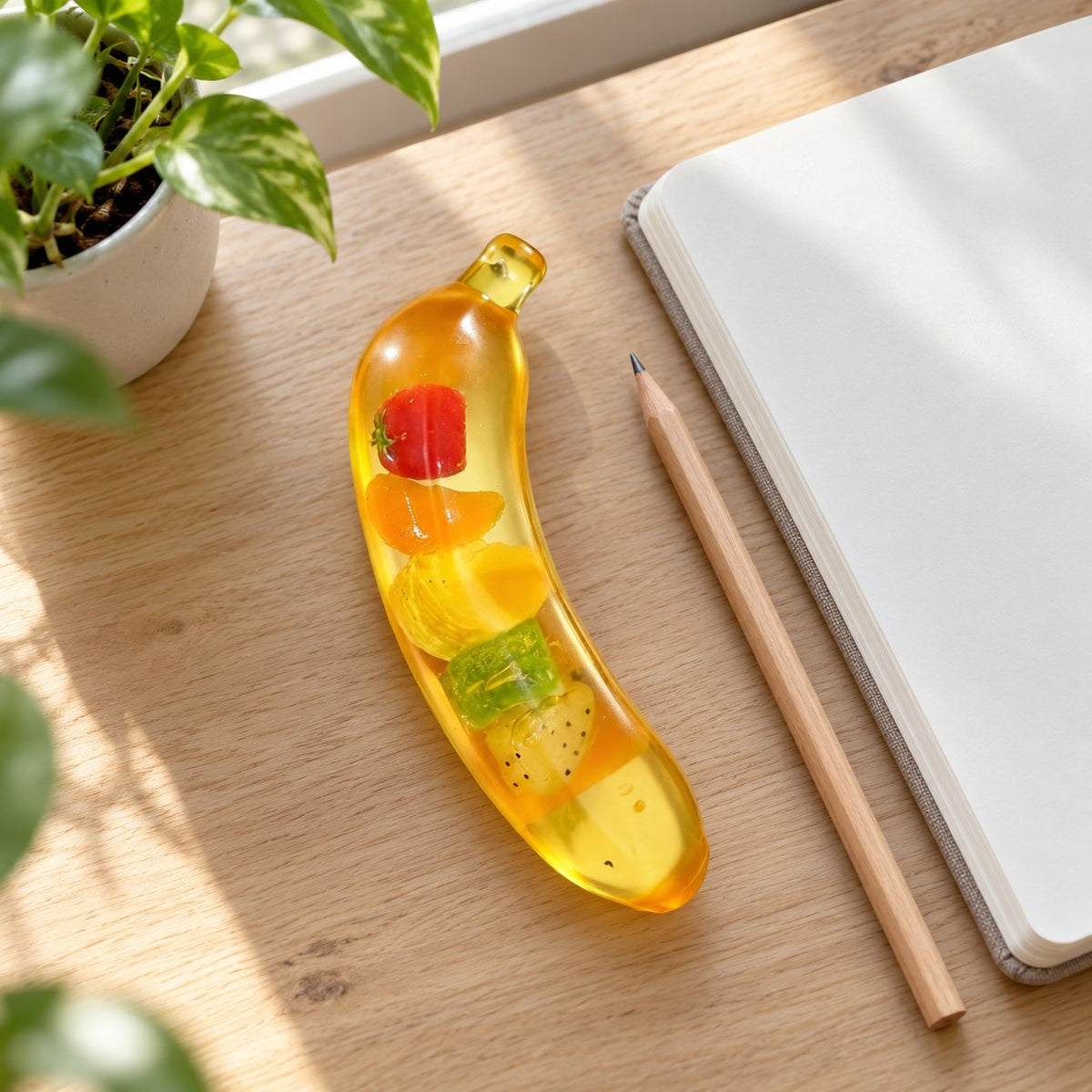 Giant Banana Squishy, Jumbo Slow Rising, on a desk with a notebook and pencil