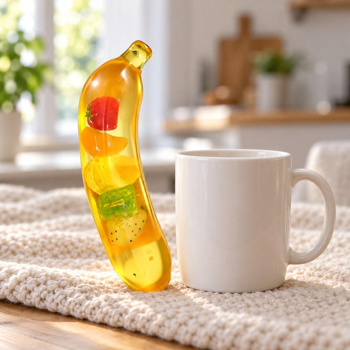 Giant Banana Squishy, Jumbo Slow Rising, next to a coffee mug for size comparison