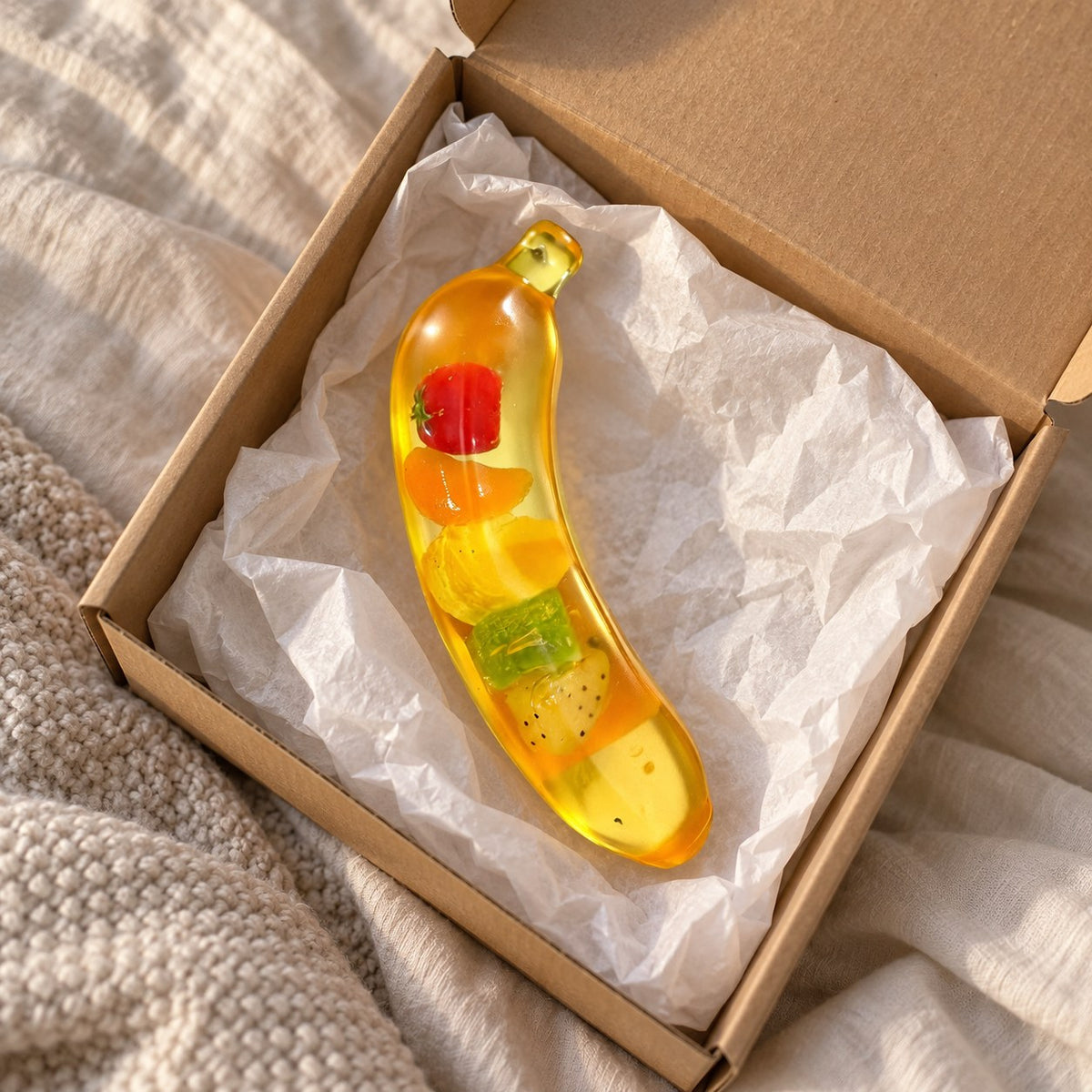 Banana squishy, unboxed from a parcel with tissue paper