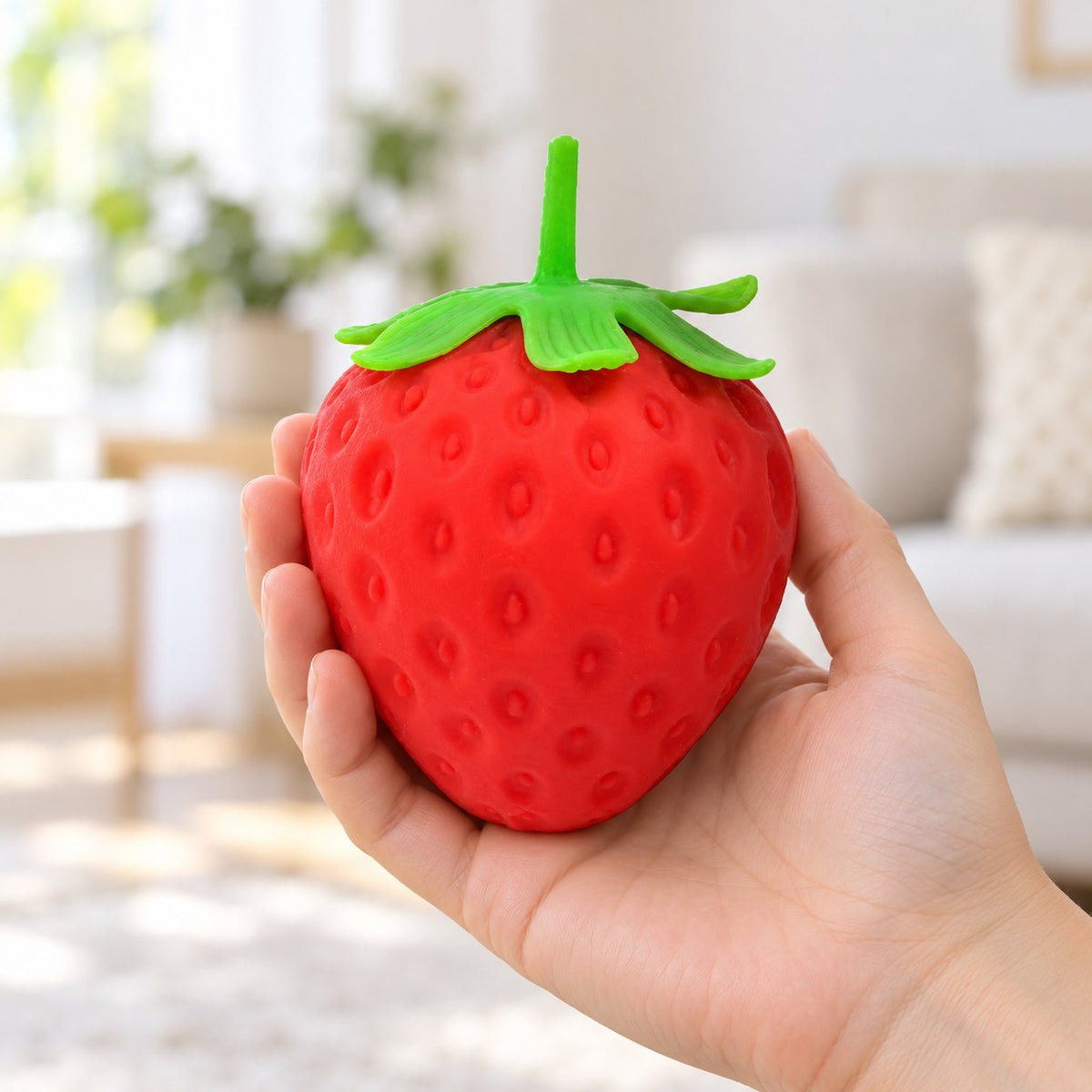 Giant Strawberry Squishy, Jumbo Slow Rising, held in a hand to show the real size