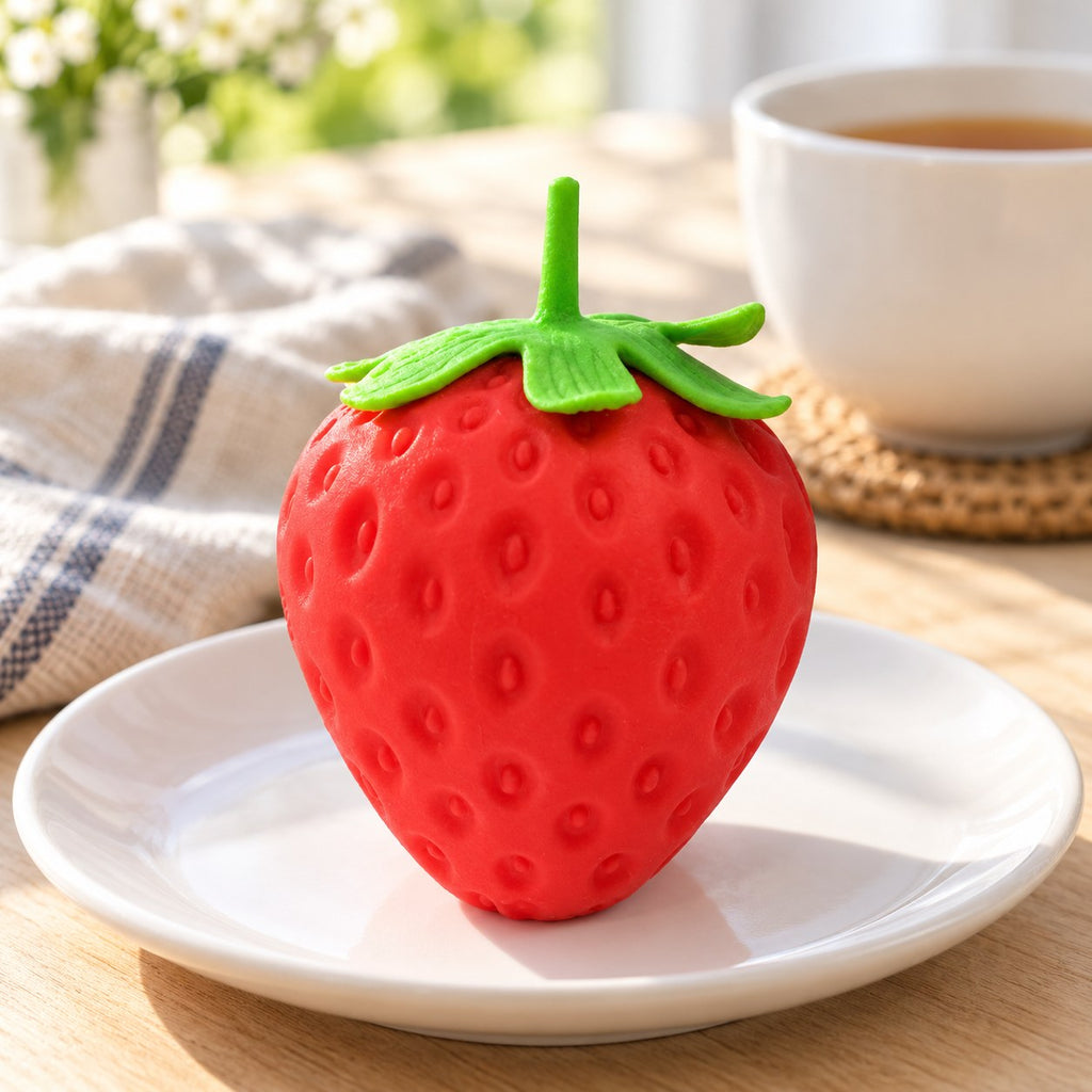 Giant Strawberry Squishy, Jumbo Slow Rising, on a plate on a breakfast table