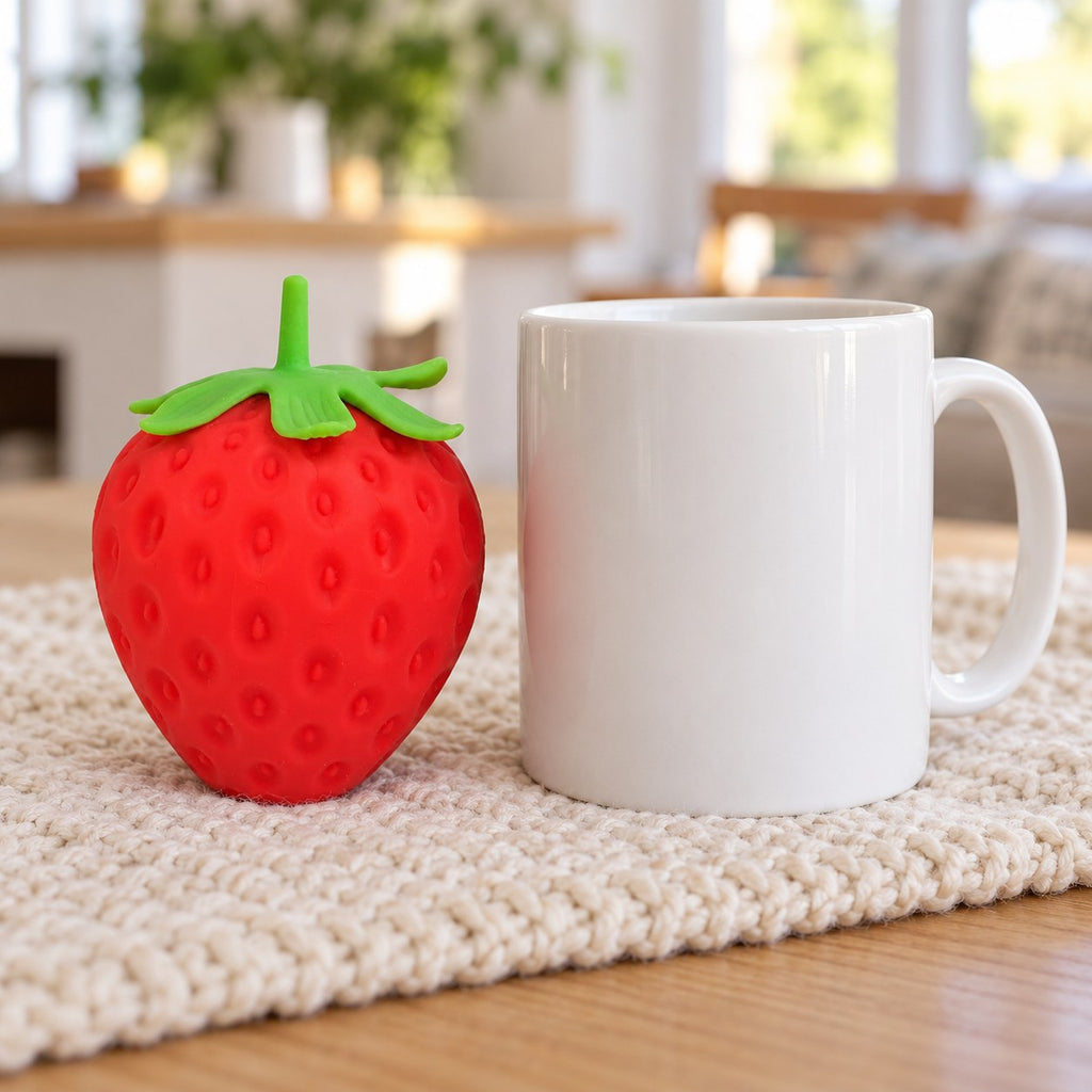 Giant Strawberry Squishy, Jumbo Slow Rising, next to a coffee mug for size comparison