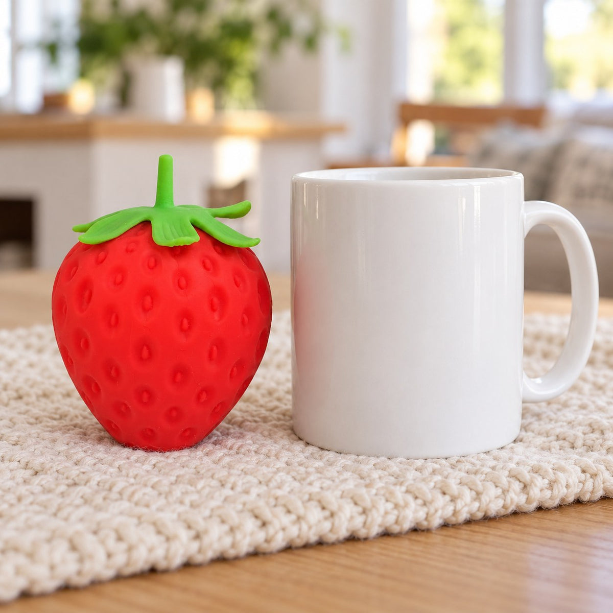 Giant Strawberry Squishy, Jumbo Slow Rising, next to a coffee mug for size comparison