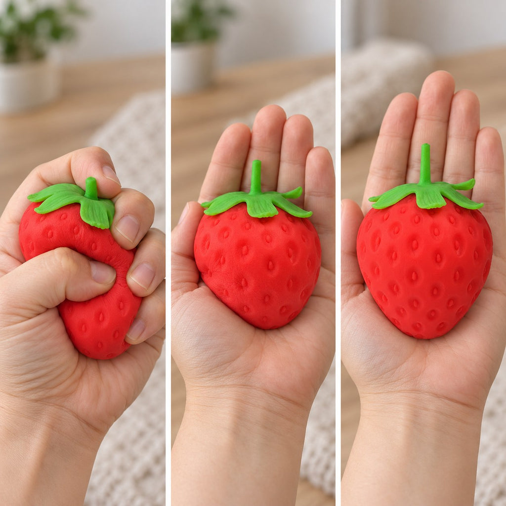 Strawberry squishy, squished flat, half risen and fully back in shape