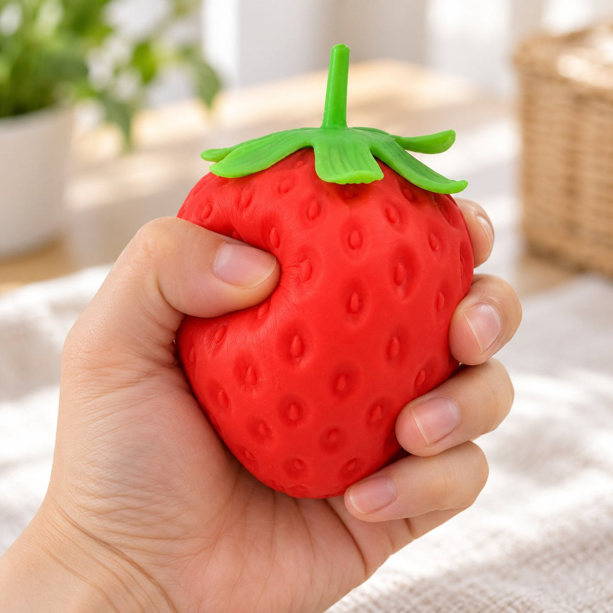 Giant Strawberry Squishy, Jumbo Slow Rising, being squeezed by hand, soft and squishy