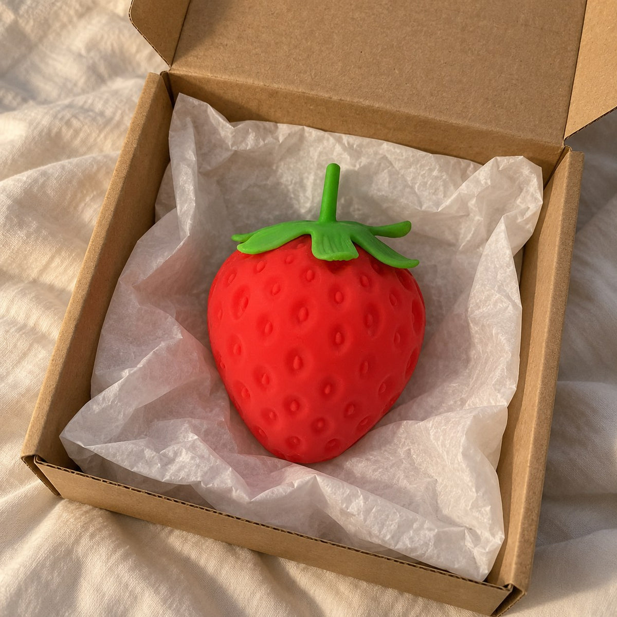 Strawberry squishy jumbo, unboxed from a parcel with tissue paper