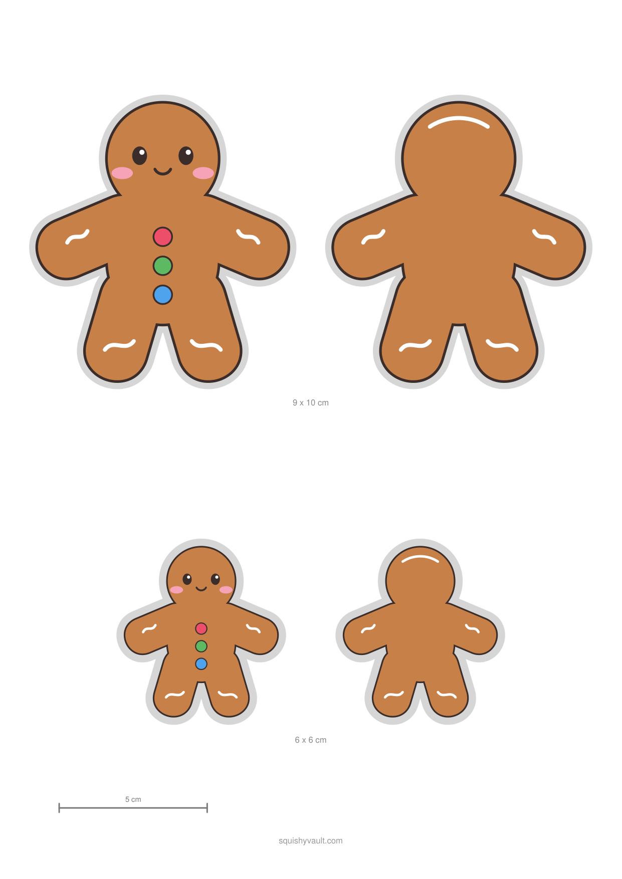 Printable gingerbread man paper squishy template with icing and buttons, front and back