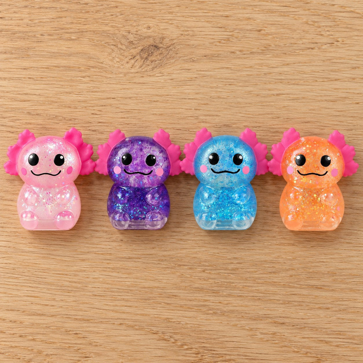 Glitter Axolotl Squishy, Slow Rising, all colors side by side