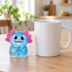 Glitter Axolotl Squishy, Slow Rising (blue), next to a coffee mug for size comparison