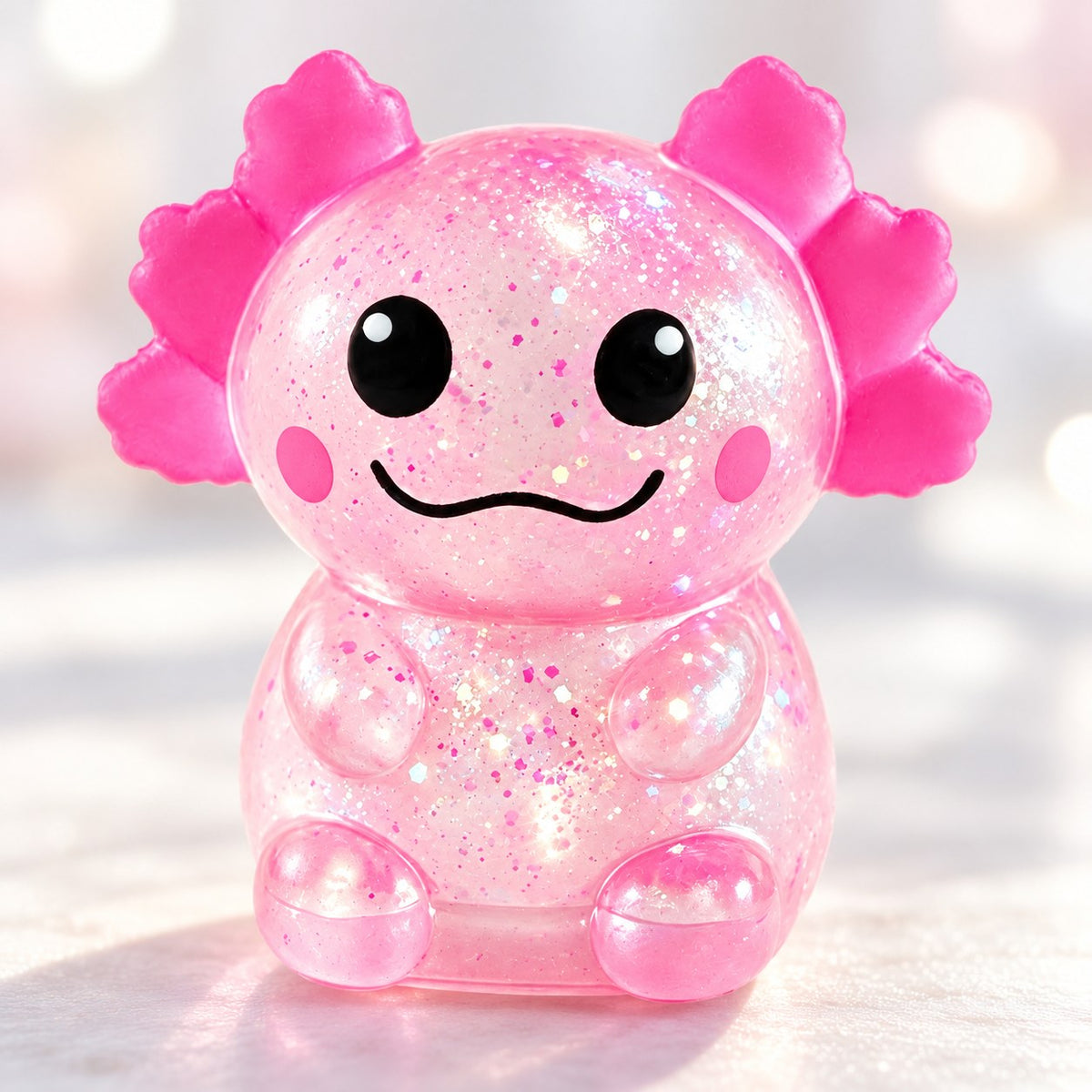 Glitter Axolotl Squishy, Slow Rising (pink), close-up of the glitter