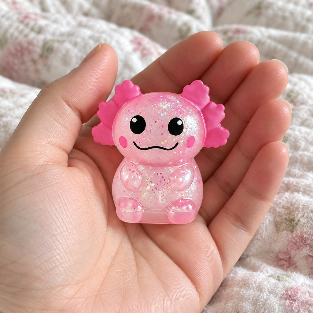 Axolotl squishy slow rising (pink), held toward the camera, first-person view