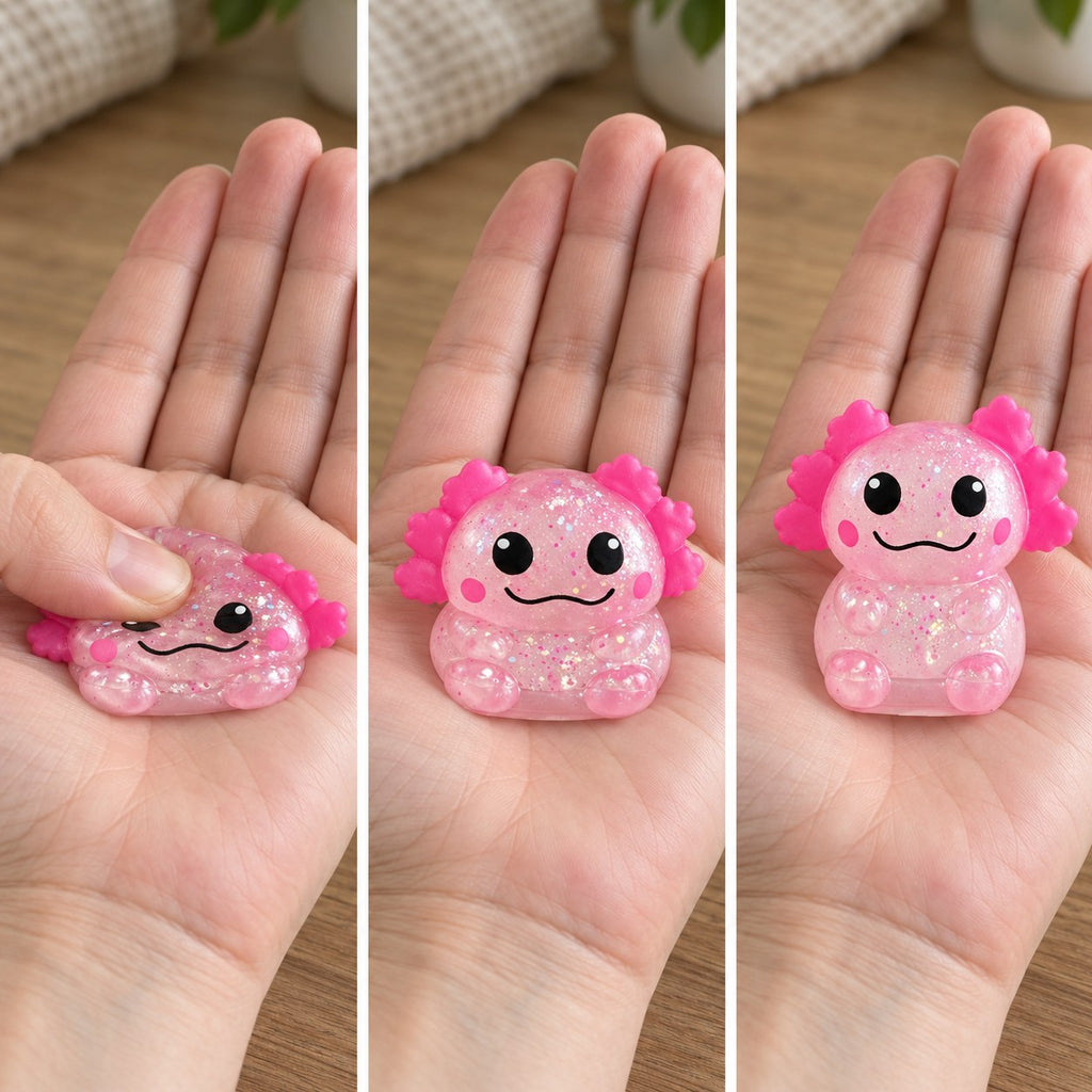 Axolotl squishy glitter (pink), squished flat, half risen and fully back in shape
