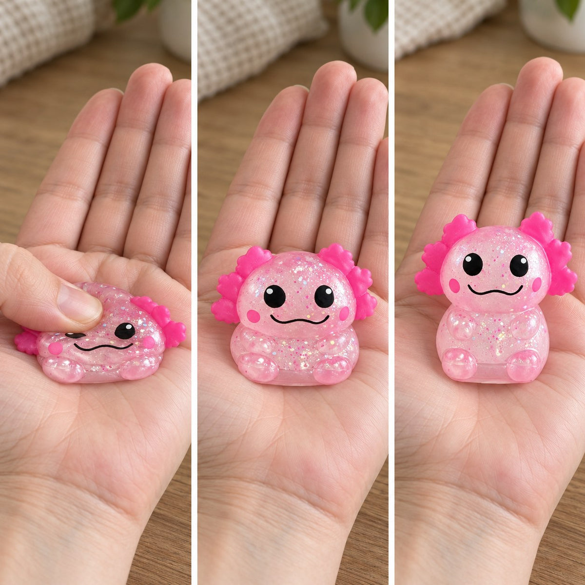 Axolotl squishy glitter (pink), squished flat, half risen and fully back in shape