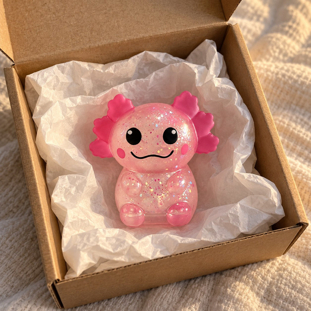Axolotl squishy glitter (pink), unboxed from a parcel with tissue paper