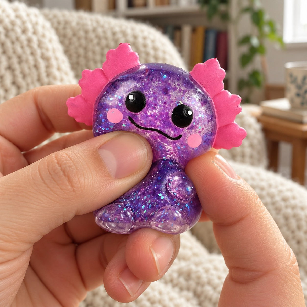 Glitter Axolotl Squishy, Slow Rising (purple), being squeezed by hand, soft and squishy