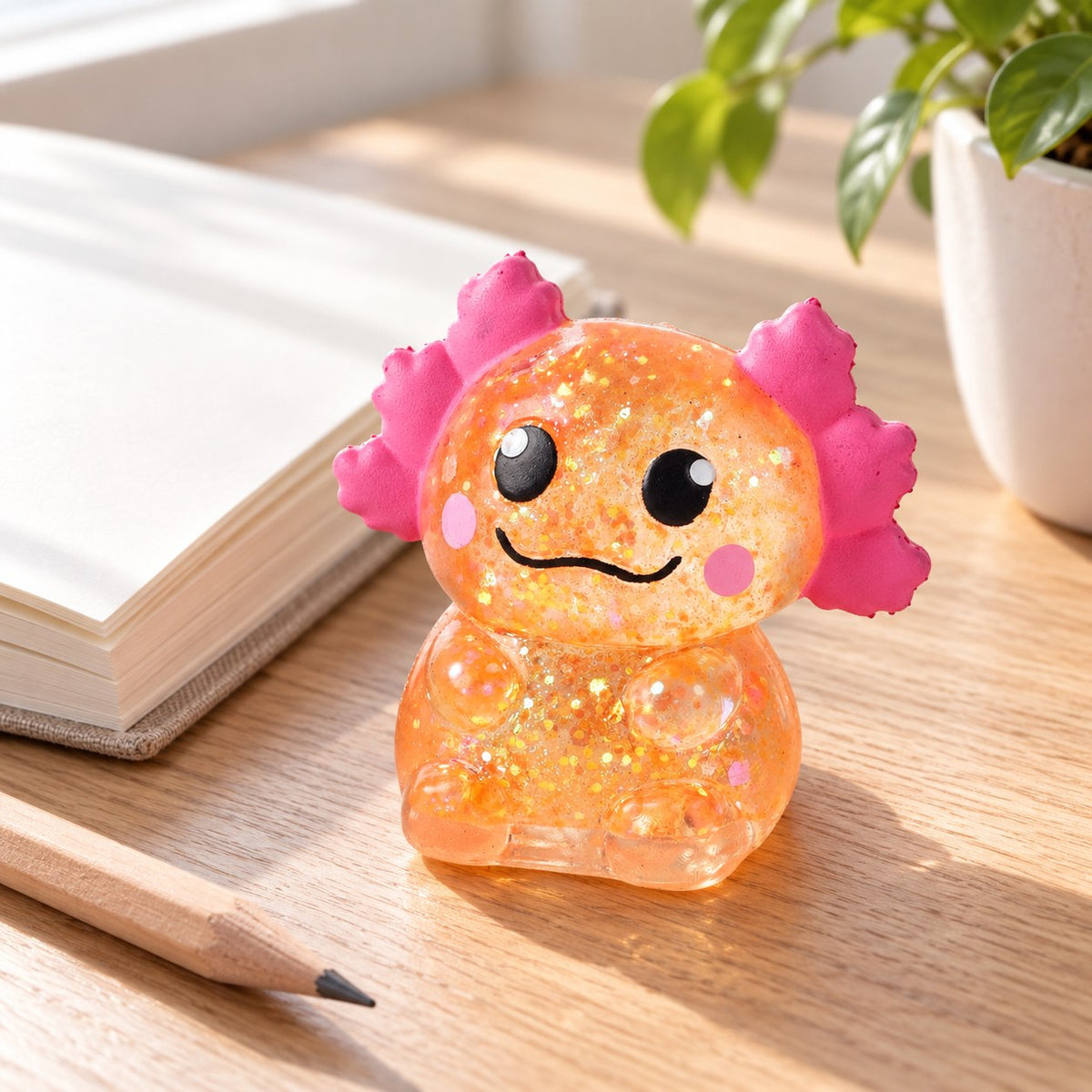 Glitter Axolotl Squishy, Slow Rising (yellow), on a desk with a notebook and pencil
