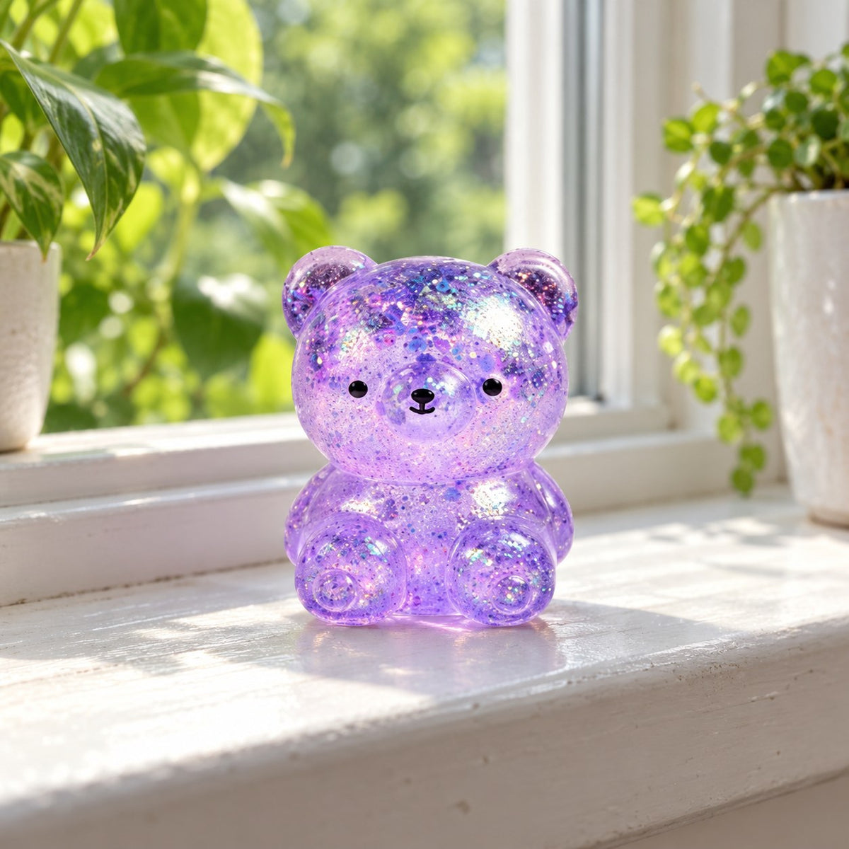 Glitter Bear Squishy, Maltose Jelly, 3 Sizes, on a sunny windowsill