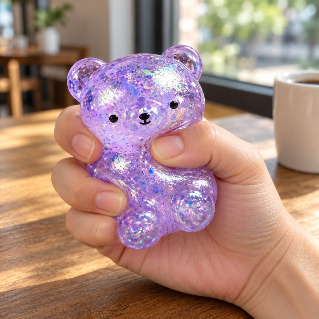 Glitter Bear Squishy, Maltose Jelly, 3 Sizes, being squeezed by hand, soft and squishy