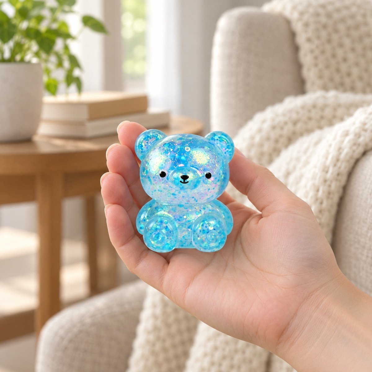 Hand som håller glitter björn squishy maltos, visar den verkliga storleken