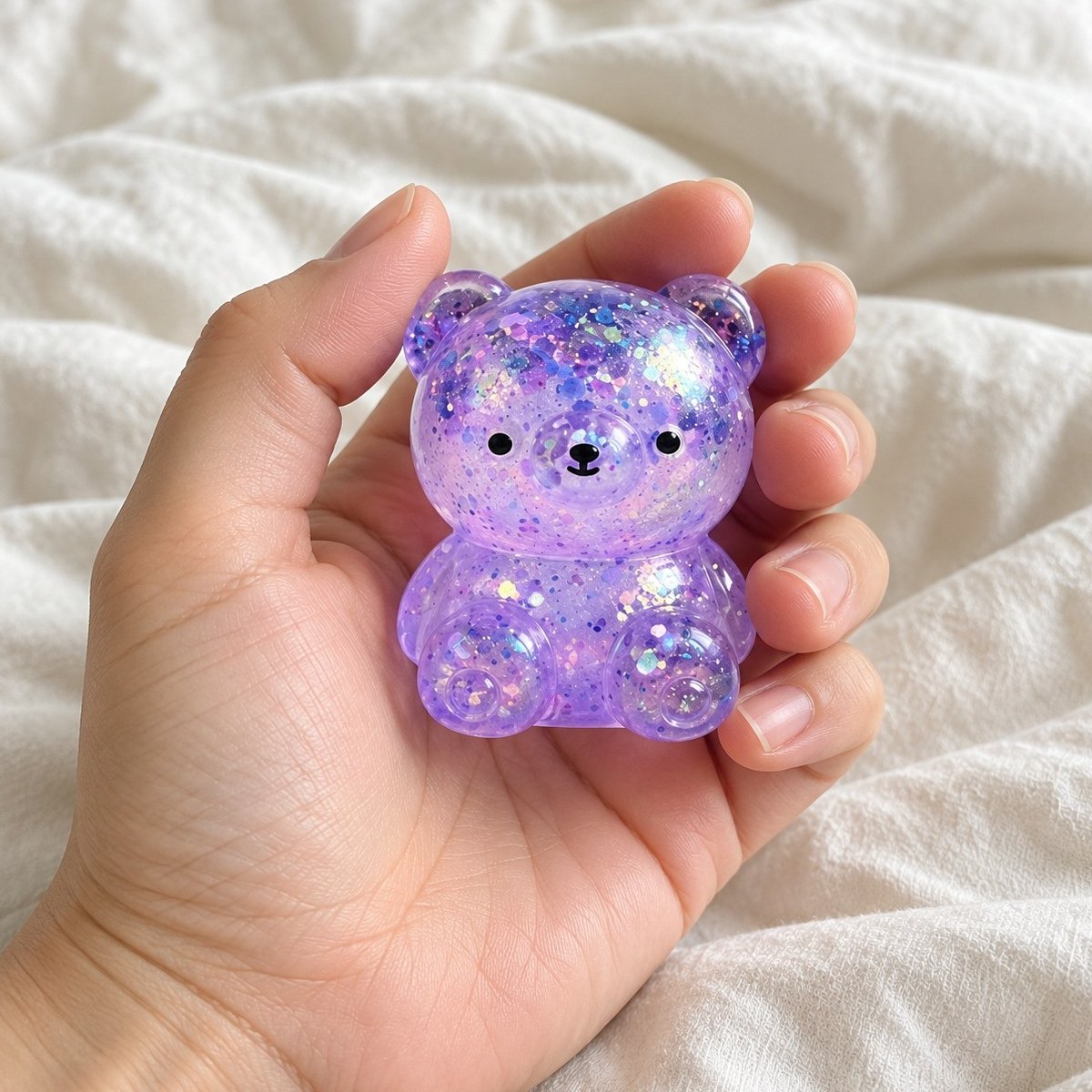 Glitter björn squishy maltos hålls fram mot kameran, sett ur eget perspektiv