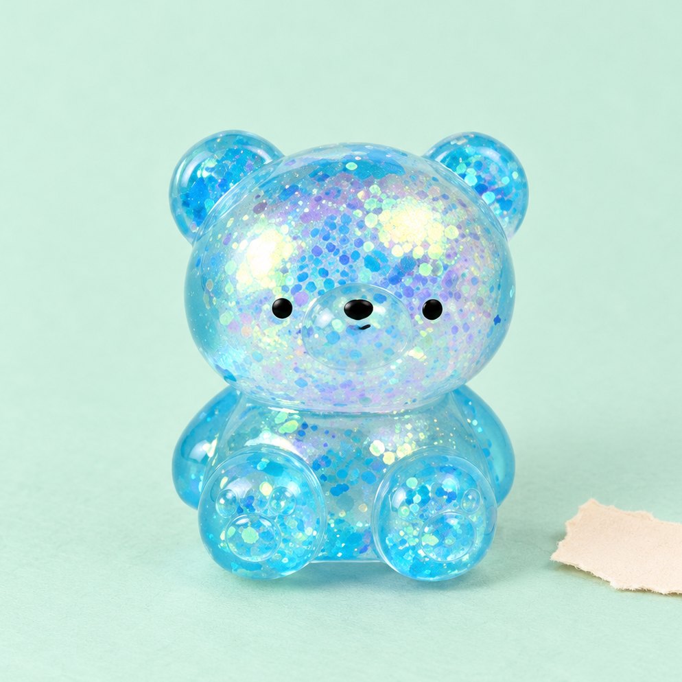 Glitzer Bär Squishy aus Maltose-Gelee, klein mit 4,7 cm, Farbe zufällig, auf Pastellpapier