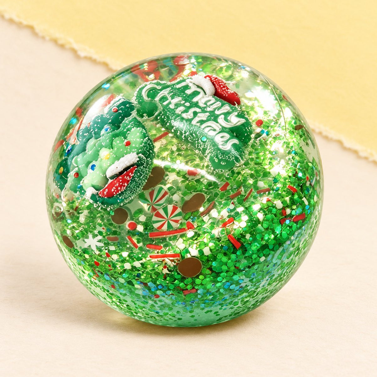 Zielony gniotek bombka coconut oil ze śnieżynką, 6,5 cm, w pudełku, na pastelowym tle