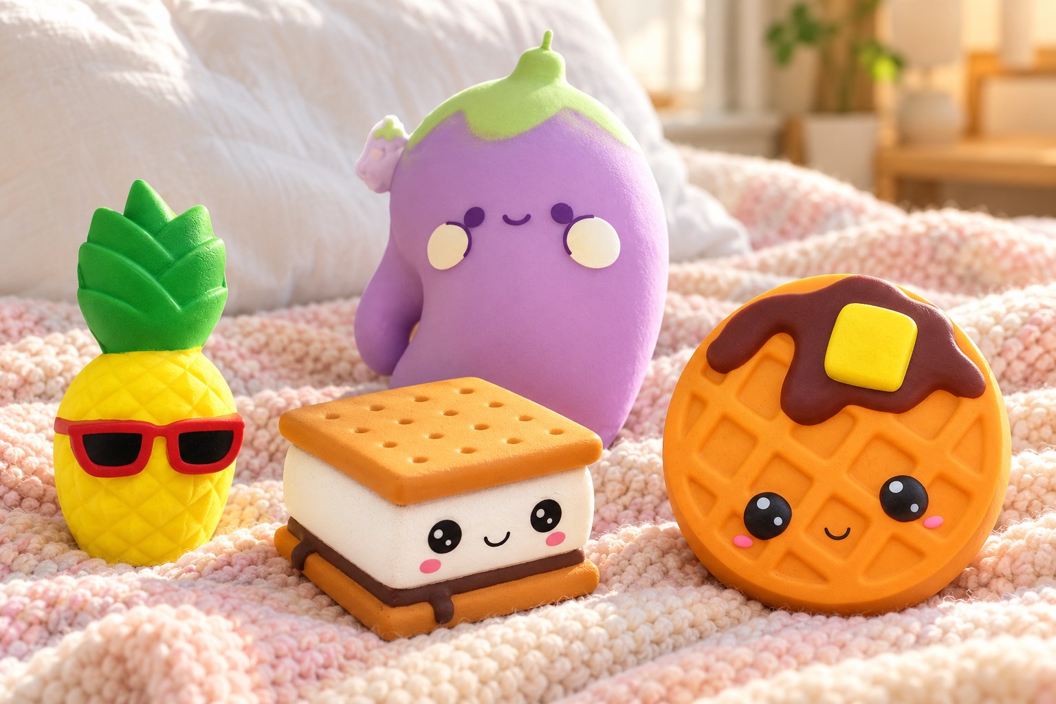 Cztery duże squishy na pastelowym kocu z dzianiny: ananas w okularach przeciwsłonecznych, bakłażan, kanapka z ciastek i gofr