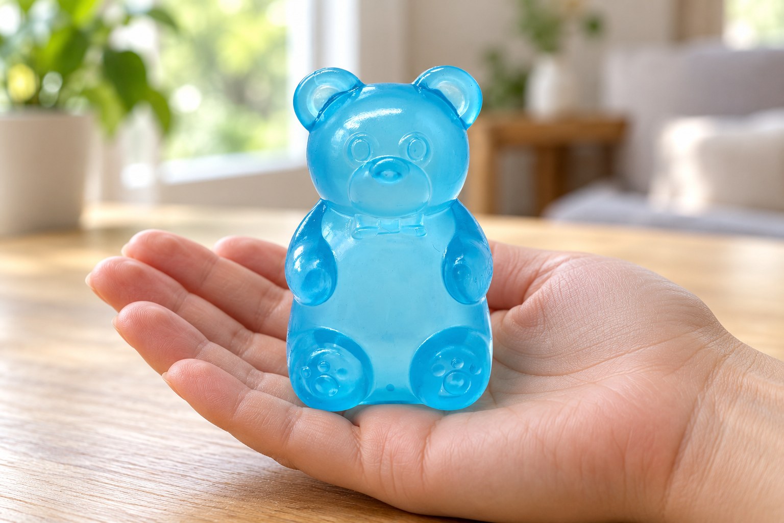 Dessert squishy in hand: a clear blue gummy bear